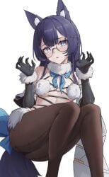 1girls animal_ears blue_eyes blue_hair female fur_bikini glasses gloves honkai:_star_rail honkai_(series) long_hair pantyhose pela_(honkai:_star_rail) round_glasses solo tail white_background wolf_ears 莲城小刘