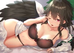 arm_support bare_shoulders black_bra black_hair black_panties black_wings blanket blush bow bow_panties bra breasts cape cleavage collarbone commentary_request drooling feathered_wings female gradient_background green_bow grey_background hair_between_eyes hairbow highres large_breasts long_hair long_sleeves navel no_pants off_shoulder one_eye_closed open_clothes open_mouth open_shirt panties red_eyes reiuji_utsuho shirt sidelocks sleeves_past_wrists solo stomach thighs touhou underwear utsuho_reiuji white_background white_cape white_shirt wings wowoguni