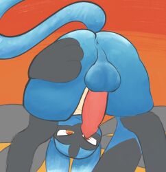 anthro anus ass ass_up backsack balls blue_body blue_fur blush canid canine digital_media_(artwork) erection fur generation_4_pokemon genitals hi_res looking_at_viewer lucario male mammal nintendo penis pokemon pokemon_(species) simple_background solo stretched_anus swoomy tail