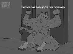 absurd_res anthro arms_tied ass back_muscles biceps bodily_fluids bound chained chained_up chains cheeselion2 closed_eyes cum cum_drip cum_in_ass cum_inside dreamworks dripping english_text felid fur genital_fluids hi_res kneeling kung_fu_panda male male_only mammal markings monochrome muscular muscular_anthro muscular_male nude pantherine raised_arms restraints snow_leopard solo spots spotted_body spotted_fur tai_lung_(kung_fu_panda) text