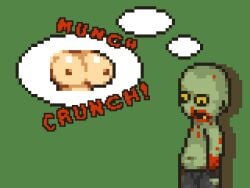 blood blood_on_face blood_on_hand dead_ahead green_background green_skin implied_gore implied_guro implied_snuff pixel_art simple_background text thought_bubble unknown_artist zombie