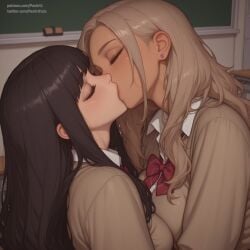 2girls ai_generated black_hair classroom dark-skinned_female deep_kissing gyaru head_tilt interracial kissing lesbian_kiss light_brown_hair pasart school_uniform yuri