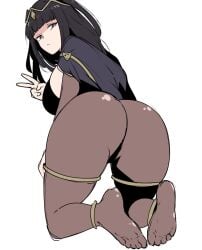 1girls ass ass_focus black_cape black_eyes black_hair blunt_bangs bodystocking breasts cape female female_only fire_emblem fire_emblem_awakening jewelry large_ass large_breasts long_hair looking_at_viewer looking_back nintendo sideboob simple_background solo tavi_(hosheezus) tharja_(fire_emblem) thighlet tiara two_side_up v white_background