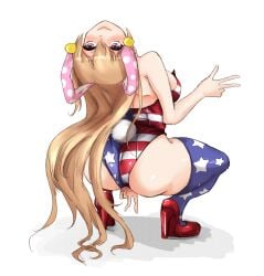 absurdres adapted_costume aged_up alternate_costume amagi_(amagi626) american_flag american_flag_legwear animal_ears arched_back ass backless_outfit bare_shoulders blonde_hair breasts clownpiece commentary_request double_v fake_animal_ears fake_tail female head_back high_heels highres leotard long_hair looking_ahead looking_back medium_breasts playboy_bunny purple_eyes rabbit_ears rabbit_tail red_footwear smile solo squatting tail thick_thighs thighhighs thighs touhou v white_background