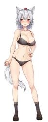 absurdres amagi_(amagi626) animal_ears averting_eyes bikini blush brown_footwear female hat highres inubashiri_momiji midriff momiji_inubashiri navel red_eyes red_hat shoes short_hair simple_background socks solo swimsuit tail tokin_hat touhou underwear underwear_only white_background white_hair wolf_ears wolf_tail