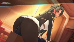 1boy ass ass_focus azur_lane back between_breasts black_hair black_jacket black_panties breasts brown_pantyhose commander_(azur_lane) female from_behind green_hair groundage historical_name_connection huge_ass indoors italian_flag jacket koikatsu_(medium) legs littorio_(azur_lane) military_uniform multicolored_hair name_connection necktie necktie_between_breasts panties panty_&_stocking_with_garterbelt pantyhose sardegna_empire_(azur_lane) self-upload sitting_on_face skirt streaked_hair underwear uniform white_skirt