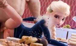 anal_sex blue_eyes cute disney disney_princess dress elsa_(frozen) fireboxstudio frozen_(film) on_table pussy sex shy wet white_hair