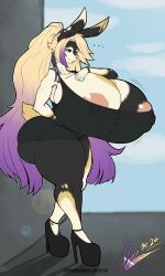 anthro areola ass bantar2 big_breasts big_butt boots breasts clothed clothing digital_media_(artwork) dress female footwear fur hair hi_res high_heels huge_breasts hyper hyper_breasts lagomorph leporid mammal nipples platform_heels rabbit simple_background solo tail thick_thighs