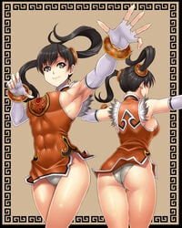 1girls abs ass back black_hair bracelet chinese_clothes dress elbow_gloves female fighting_stance fingerless_gloves gloves grey_eyes hair_ornament highres jewelry legs ling_xiaoyu long_gloves minidress orange_dress panties short_dress shunzou sleeveless smile solo tekken thigh_gap thighs tied_hair tight_dress twintails underwear white_panties