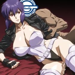 1boy 1girls ai_generated breasts cyber-wifu11 cyborg dark-skinned_male female ghost_in_the_shell interracial kusanagi_motoko large_breasts leotard light-skinned_female light_skin purple_hair sex short_hair