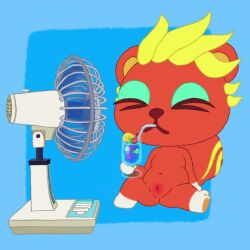 animal_crossing animated beverage blonde_hair caroline_(animal_crossing) cooling_off drink electronics fan female furry naked pussy simski sitting solo squirrel tagme video video