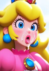 after_fellatio ai_generated blonde_hair blue_eyes blush closeup cum cum_in_mouth cum_on_face eye_contact mario_(series) nintendo princess_peach su_whore_(artist)