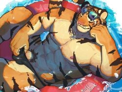 1boy abs anthro clothing eyewear felid genitals hi_res life_ring male male_focus male_only mammal muscular muscular_male nipples nullshark1 pantherine penis pubes solo solo_male stripes sunglasses sunglasses_on_head swim_ring thong tiger underwear water