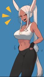 1girls belly belly_button black_pants blue_background bunny_ears bunny_tail dark-skinned_female dark_skin female female_only heroine long_hair long_ponytail looking_at_viewer miruko my_hero_academia navel ponytail powtaytow3333 rabbit_ears rabbit_tail red_eyes rumi_usagiyama solo sports_bra sportswear standing superheroine twitter_link very_long_hair very_long_ponytail white_hair white_sports_bra