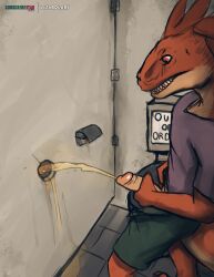 2024 absurd_res anthro bathroom biped bodily_fluids cocky digital_media_(artwork) dinosaur dromaeosaurid erection genital_fluids genitals glory_hole hi_res humanoid_genitalia humanoid_penis lizardlars male male_only orange_body peeing penis public_restroom raptorlars reptile restroom_stall scalie solo tan_body theropod toilet urine urine_stream watersports