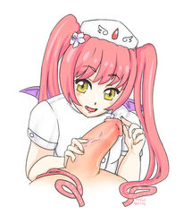 1boy artist_request breasts demon_wings ebola-chan female handjob holding_penis looking_at_viewer male male_urethral_insertion penis personification pink_hair straight tied_hair twintails uncensored urethral_fingering urethral_insertion yellow_eyes