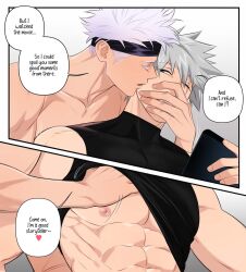 2boys abs blindfold covering_mouth crossover english_text grabbing_breasts grabbing_from_behind hand_over_mouth hatake_kakashi jujutsu_kaisen male/male male_only naruto naruto_(series) one_eye_closed riffraff riffraffhellyea satoru_gojo scar scar_across_eye shirt_lift silver_hair tagme white_hair yaoi