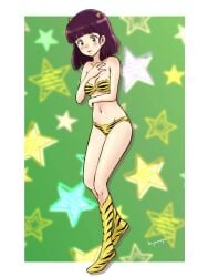 1female 1girls bangs blush breasts cosplay female female_only full_body green_eyes lum_(cosplay) oni_horns purple_hair shinobu_miyake short_hair solo solo_female urusei_yatsura