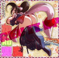 1girls ass bent_over breasts brown_eyes brown_hair clothing fatal_fury female footwear hair_ornament high_heels huge_breasts king_of_fighters large_breasts long_hair looking_at_viewer looking_back mai_shiranui ninja ponytail promacia shiranui_mai sideboob smile solo thighs tied_hair traditional_clothes undressing wafuku