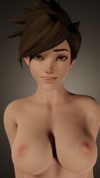 3d big_breasts blender breasts breasts brown_eyes brown_hair cute female female_only greyarea55 lena_oxton looking_at_viewer nude nude_female overwatch overwatch_2 smile solo tracer