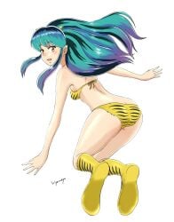 1female 1girls ass bangs bra breasts full_body hi_res high_resolution highres long_hair looking_at_viewer lum multicolored_eyes multicolored_hair solo solo_female urusei_yatsura white_background