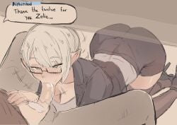 alphinaud_leveilleur blowjob blowjob_under_table cafin cum dialogue elezen elf female_focus final_fantasy_xiv glasses large_breasts male_out_of_frame stealth_fellatio teacher teacher_and_student under_the_table white_hair zelie_ines