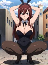 1girls ai_generated big_breasts blesseddo boob_window bunny_ears cleavage erza_scarlet fairy_tail high_heels long_hair pantyhose playboy_bunny squatting