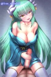 1boy 1girls barely_clothed blush breasts censored cleavage clothed_sex clothing cowgirl_position dragon_girl dragon_horns fate/grand_order fate_(series) female female_focus freenote022 green_hair half_naked handjob horns in_love in_love_with_viewer kiyohime_(fate) kiyohime_(fate/grand_order) large_breasts leggings long_hair looking_at_viewer male male_pov mosaic_censoring nude nude_male penis seductive seductive_look seductive_smile sex smiling smiling_at_viewer solo_focus tagme tagme_(artist) watermark white_legwear yellow_eyes