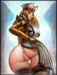 1girls anus argent_confessor_paletress big_ass big_breasts blizzard_entertainment blonde_hair dylivian human human_(world_of_warcraft) light-skinned_female light_skin looking_at_viewer looking_back pussy solo thighhighs vempire warcraft wet wet_pussy wide_hips world_of_warcraft