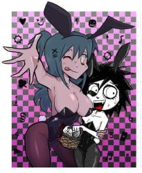 2girls :p artist_request bags_under_eyes basket black_hair black_leotard blue_hair checkered_background cleavage collarbone colored_skin crossover easter egg_basket fake_animal_ears fake_animal_tail fake_tail female female_only fishnets flat_chest hair_ornament hug i_can't_sleep lacey's_flash_games lacey_(lacey's_flash_games) large_breasts leotard long_hair looking_to_the_side nia_(i_can't_sleep) one_eye_closed outstretched_hand pantyhose pink_skin playboy_bunny rabbit_ears rabbit_tail short_hair short_twintails smile strapless_leotard sweat sweatdrop tail twintails white_border white_eyes white_skin x_hair_ornament youtube yuri