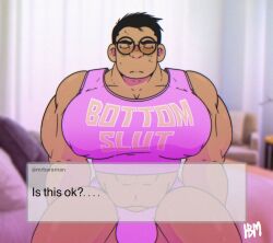 1boy abs bara bara_tiddies bara_tits big_arms big_breasts big_bulge big_chest big_pecs black_hair brown-skinned_male bulge busty closed_eyes crop_top gay glasses huge_breasts huge_chest huge_pecs male male_only mrbaraman muscular muscular_male nipple_bulge solo solo_male tank_top tight_shirt