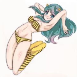 1female armpits arms_above_head arms_up bangs blue_eyes bra breasts female female_only full_body hi_res high_resolution highres long_hair lum medium_breasts multicolored_hair normal_breasts solo solo_female urusei_yatsura