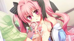 censored cum facial female game_cg highres kunai_uri long_hair mango_purin mosaic_censoring naizuri nama2e noblesse_of_rouge oohinata_toshiya pink_eyes pink_hair ribbon small_breasts solo_focus susakuooji_hotoha tied_hair twintails