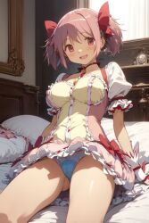 ai_generated gloves hair_ribbon legs_apart legs_spread madoka_kaname magical_girl mahou_shoujo_madoka_magica medium_breasts panties pink_eyes pink_hair puella_magi_madoka_magica red_ribbon ribbon ribbons soul_gem thick_thighs twintails