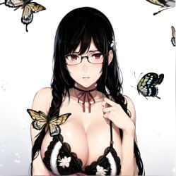 1girls ai_generated bra busty butterfly cleavage glasses gradient_background hanekawa hanekawa_tsubasa large_breasts looking_at_viewer monogatari_(series) shy simple_background solo straight-on white_background