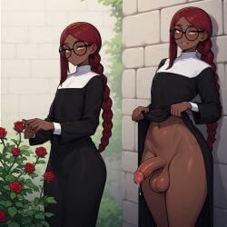 ai_generated balls dark-skinned_femboy dark-skinned_male dark_skin dress_lift femboy garden glasses gold_eyes nun nun_outfit outdoors ponytail presenting presenting_penis red_hair skirt_lift smile smiling_at_viewer