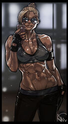 1girls 2d abs armband aviator_sunglasses big_breasts blonde_hair blue_eyes breasts cassie_cage cellphone cleavage clothed female ganassa hair hair_bun looking_at_viewer looking_over_eyewear looking_over_glasses mortal_kombat mortal_kombat_x navel netherrealm_studios nipples selfie smile solo standing sunglasses sweat sweatdrop tank_top tinted_eyewear