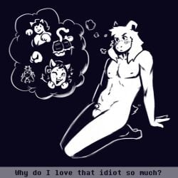 1:1 anthro asriel_dreemurr ass blush boss_monster_(undertale) breasts catty_(undertale) cleavage clothed clothing deltarune dracozhilla duo english_text felid female flaccid genitals girly hi_res humanoid humiliation lines male male/female mammal penis penis_humiliation pinching_gesture sigh small_penis small_penis_humiliation tail tail_motion tailwag text thinking thinking_about_another thought_bubble undertale undertale_(series)