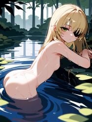 1girls ai_generated ass bath bathing blonde_hair blush breasts eyepatch female fischl_(genshin_impact) forest full-face_blush genshin_impact green_eyes hoyoverse lake leaning_forward long_hair mihoyo navel nipples nude skinny_dipping small_breasts snowy_yukino solo sweat wet wet_body