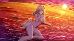 beach big_breasts blonde_hair curly_hair long_hair official_art oriana_thompson sunset swimsuit thighs to_aru_majutsu_no_index