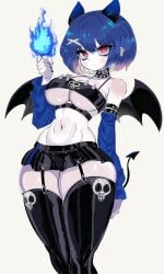 big_butt big_chest big_thighs black_clothing blue_hair breasts demon_girl devil_horns digital_drawing_(artwork) female female_only giant_ass gothic gothic_girl horn huge_breasts latex_suit maxb24 miniskirt pale_skin red_eyes stockings succubus tail