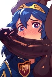 1boy 1girls ai_generated balls big_penis black_cock black_penis blue_eyes blue_hair blush circlet close_up dark-skinned_male dark_skin emblem female fire_emblem fire_emblem_awakening heart-shaped_pupils hetero huge_cock interracial interracial_sex kissing_penis light-skinned_female light_skin long_hair lucina_(fire_emblem) male male/female novelai penis penis_awe penis_on_face pickney shoulder_armor smelling smelling_penis sniffing sniffing_penis straight testicles uncensored veiny_penis very_dark_skin