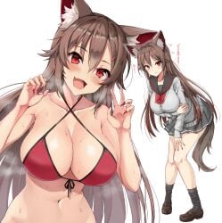 :d absurdres alternate_costume amagi_(amagi626) animal_ear_fluff animal_ears arm_under_breasts bare_shoulders bikini bow bowtie breasts brown_footwear brown_hair cardigan cleavage collarbone commentary_request criss-cross_halter female fingernails front-tie_bikini_top front-tie_top grey_skirt halterneck highres imaizumi_kagerou kagerou_imaizumi large_breasts leaning_forward long_fingernails long_hair long_sleeves looking_at_viewer miniskirt multiple_views nail_polish navel oerba_yun_fang open_mouth pleated_skirt red_bikini red_bow red_bowtie red_eyes red_nails school_uniform serafuku sharp_fingernails shoes simple_background skin_fang skirt smile socks standing sweat swimsuit tail touhou variant_set very_long_hair white_background wolf_ears wolf_tail