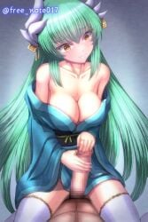 1boy 1girls barely_clothed blush breasts censored cleavage clothed_sex clothing cowgirl_position dragon_girl dragon_horns fate/grand_order fate_(series) female female_focus freenote022 green_hair half_naked handjob horns in_love kiyohime_(fate) kiyohime_(fate/grand_order) large_breasts leggings long_hair looking_at_penis male male_pov mosaic_censoring nude nude_male penis rubbing rubbing_penis seductive seductive_look seductive_smile sex smiling solo_focus tagme tagme_(artist) watermark white_legwear yellow_eyes