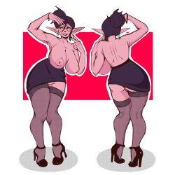 black_clothing black_hair eyeglasses high_heels huge_breasts huge_butt large_breasts office office_clothing office_lady office_lady_outfit pink_skin skirt_lift skirt_up thick thick_ass thick_hips thick_legs thick_thighs thighhighs thighs typue_kartinki