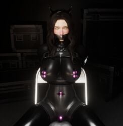 3d 3d_(artwork) arms_behind_back black_bodysuit black_hair black_headwear black_horns blender blender_(software) blender_eevee bodysuit bondage bullet camera captured captured_heroine cat_eyes chair chair_bondage chair_tied choker cross_earrings cross_necklace earrings eyeliner gag gagged gun hair_bun harness headband helpless high_heels horns huge_breasts lady_x_(osimai) lip_piercing lip_ring long_boots long_gloves looking_at_viewer mole mole_above_mouth mole_under_eye necklace nose_piercing nose_ring original_character osimai pistol recording recording_video restrained sex_toy silver_choker skin_tight staring staring_at_viewer tape_gag vampire_teeth vibrating_egg vibrator vibrator_in_navel vibrator_on_clitoris vibrator_on_nipple wavy_hair weapon wrists_tied yellow_eyes