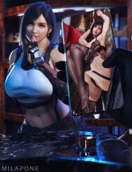 1girls 3d 3d_(artwork) abs areolae artist_name big_breasts big_nipples black_panties brown_eyes cropped_legs dark_hair female female_focus female_only fighting_gloves final_fantasy final_fantasy_vii final_fantasy_vii_remake fingerless_gloves front_view garter_straps glands_of_montgomery lace lace_bra lace_panties light-skinned_female lingerie long_hair looking_at_viewer milapone navel nipples phone phone_screen pink_lips pinup pinup_pose pose posing solo thigh_gap tifa_lockhart top_lift wasp_waist