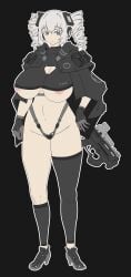 assault_rifle drill_hair female female_only gloves gun high_heels looking_at_viewer military nipples silver_eyes silver_hair tagme targer underboob