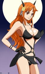 1girls beast_pirates_(cosplay) bikini darkuro_27 female female_focus female_only flower_in_hair gloves horns nami one_piece orange_hair post-timeskip wano_country