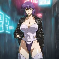 1girls ai_generated alley breasts cyber-wifu11 cyborg female ghost_in_the_shell kusanagi_motoko large_breasts light-skinned_female light_skin purple_hair short_hair solo thighs